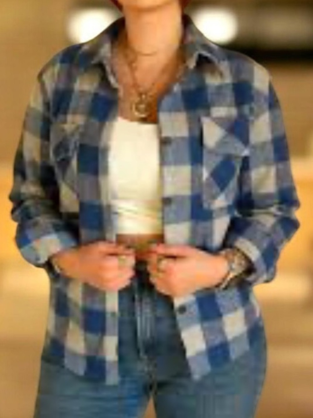 beachlunchlounge Blue white square  brush flannel button down Shirt